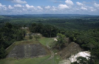 BELIZE, East, Xunantunich, Elevated view over Mayan site.