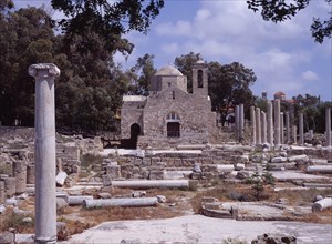 CYPRUS, Ayia Kyriaki, Twelth century Byzantine church.  Part restored exterior in area of fallen