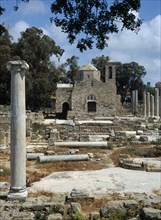 CYPRUS, Ayia Kyriaki, Twelth century Byzantine church.  Part restored exterior in area of fallen