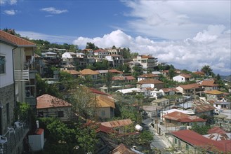 CYPRUS, Troodos Mountains, Pedhoulas, Red tiled rooftops of village in the foothills of the Troodos