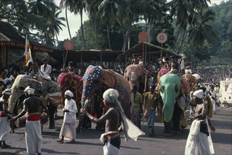 SRI LANKA, Kandy, Perahera Buddhist festival procession.  Elephants and musicians.