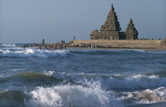 INDIA, Tamil Nadu, Mamallapuram, View across sea towards Shore temples.