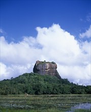 SRI LANKA, Sigiriya, View over lily pond toward the Lion Rock monolith