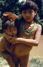 ECUADOR, Amazon, Acua indian brother and sister with pet Marmoset monkey