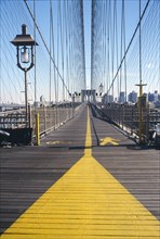 USA, New York, New York City, View along pedestrian walkway of Brooklyn Bridge