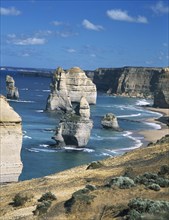 AUSTRALIA, Victoria, Port Campbell N.P, Great Ocean Road. The Twelve Apostles sea stacks in early