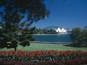 AUSTRALIA, New South Wales, Sydney, View of the Sydney Opera House and Harbour Bridge seen from the