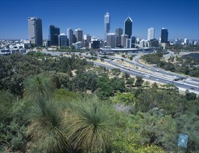 AUSTRALIA, Western Australia, Perth, Kings Park greenery with the city skyline beyond