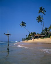 SRI LANKA, Hikkaduwa, View along sandy beach with overhanging palms toward beach front restaurant