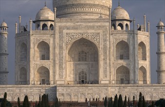 INDIA, Uttar Pradesh, Agra, Close cropped view of exterior facade of the Taj Mahal.
