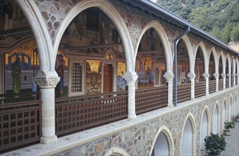 CYPRUS, Troodos Mountains, Kykko Monastery, Tourist visitors in courtyard of monastery with