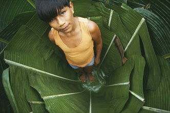 COLOMBIA, Amazonas, Santa Isabel, Young Macuna boy standing in a hole lined with Heliconia leaves