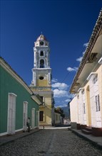 CUBA, Sierra de Trinidad, Trinidad, View along street of colourful colonial architecture toward