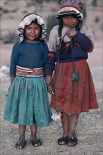 PERU, Lake titicaca, Two young girls from Amantani island.