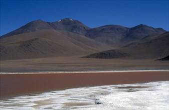 BOLIVIA, Altiplano, Potosi, "Salar de Uyuni.  Laguna Colorada, salt and gypsum crusted shore and