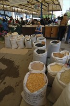 ROMANIA, Tulcea, Tulcea, Sacks of lentils pulses rice and wheat at the fresh produce market