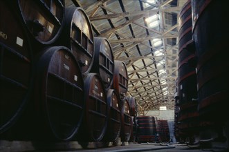 CHILE, Maule, Puente Alto, Concha y Toro winery.  Wooden fermentation and maturation barrels.