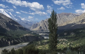 PAKISTAN, Northern Areas, Hunza Valley, View across valley to mountain peaks from the Baltit Fort.