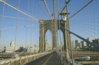 USA, New York, Manhattan, Brooklyn viewed from the walkway on the Brooklyn Bridge