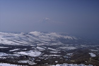 ARMENIA, Mount Ararat, Aerial view over Mount Ararat in Turkey from Vokhchaberd with polluted air