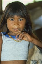 BRAZIL, Amazonas, Comunidade Sao Benedito, "Portrait of Satere Maue Indian girl living beside the