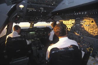 SOUTH AFRICA, Central, South African Airways Boeing 747 300 cockpit with pilot and crew at daybreak