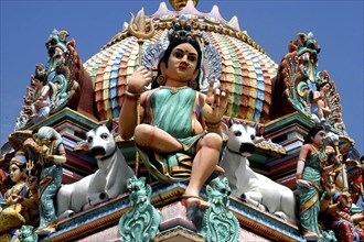 SINGAPORE, , Colourful roof statues and dome at an Indian Hindu Temple
