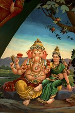 SINGAPORE, , Colourful mural in an Indian Hindu Temple depicting the God Ganesh