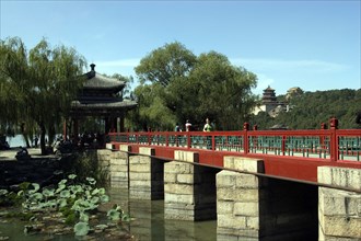 CHINA, Beijing, Summer Palace, View of a bridge on brick supports with the complex buildings