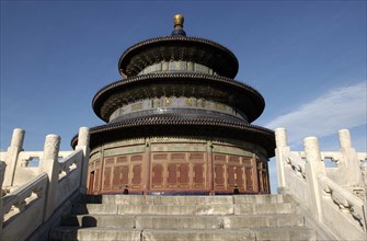CHINA, Beijing, Tiantan Park, aka The Temple of Heaven. Angled view looking up steps toward the
