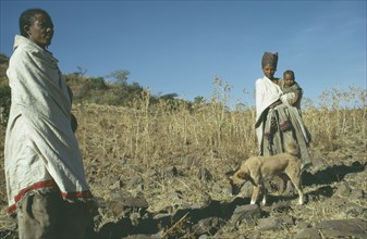 ETHIOPIA, Tribal People, Falasha women and child in field with dog.