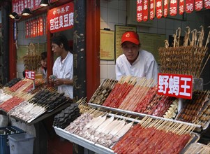 CHINA, Beijing, Kebab stall displaying assorted skewered meat with vendor standing behind