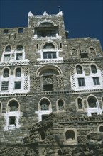 YEMEN, Thulla, Angled view looking up at traditional architecture