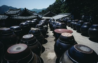SOUTH KOREA, South Kyongsan, Haeinsa, Kimchi pots containing pickled cabbage eaten as part of every