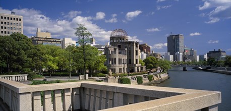JAPAN, Honshu, Hiroshima, View of the A Bomb Dome from Aioi bashi Bridge