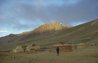 AFGHANISTAN, Traditional Homes, Kirghiz yurts in bleak mountain landscape.