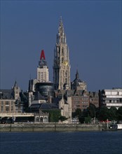 BELGIUM, Flemish Region, Antwerp, Cathedral of Notre Dame from across the River Scheldt with the