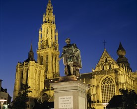 BELGIUM, Flemish Region, Antwerp, Cathedral of Notre Dame with statue of the seventeenth century