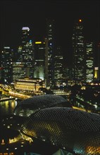SINGAPORE, , Night view of Esplanade with illuminated Theatres on the Bay in the foreground and