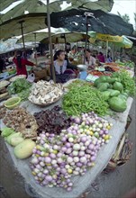 LAOS, Louangphrabang, Wide angled view of female vendor selling fresh fruit and vegetable produce
