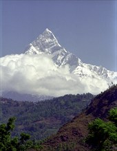 NEPAL, Annapurna Massif, White peak of Mount Machhapuchare viewed from Lake Pokhara