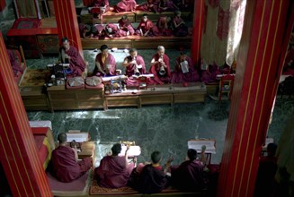 INDIA, Sikkim, Rumtek Gompa, View looking down on Pujar ceremony and the making of a spiritual
