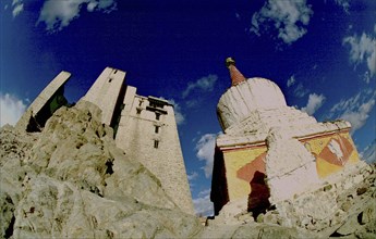 INDIA, Ladakh, Leh, Angled view looking up at the ancient Leh Palace and stupa