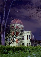 JAPAN, Honshu, Hiroshima, View of the A Bomb Dome illuminated at night