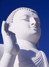 SRI LANKA, Mihintale, Large white seated Buddha.  Angled detail of head and raised hand.