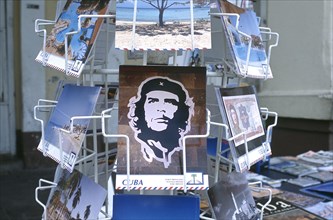 CUBA, , Close up of a rack of post cards depicting Che Guevara