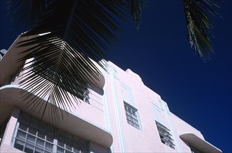 USA, Florida, Miami, Angled view looking up the facade of an Art Deco style building on Lincoln
