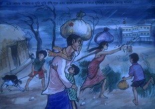 BANGLADESH, Weather, Cyclone poster depicting cartoon figures evacuating