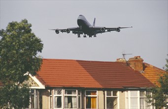 ENGLAND, London, Heathrow, Boeing 747 jumbo jet long haul airliner of British Airways low in flight