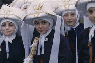 BELGIUM, Walloon Region, Binche, Children in Medieval costume